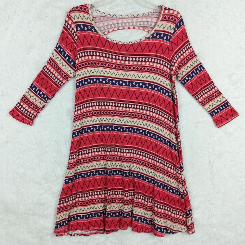 Lilypad Womens‎ Dress Mini Aztec Americana Long Sleeve Ribbed Knit Striped L